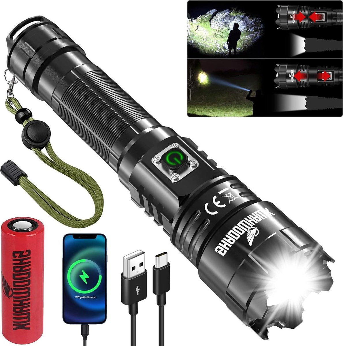 Flashlight Extreme Bright 12,000 Lumens USB Rechargeable Tactical Flashlight IP67 Waterproof 5 Light Modes Zoomable for Camping Hiking Emergency 21700 Battery with XHP70.2 Led