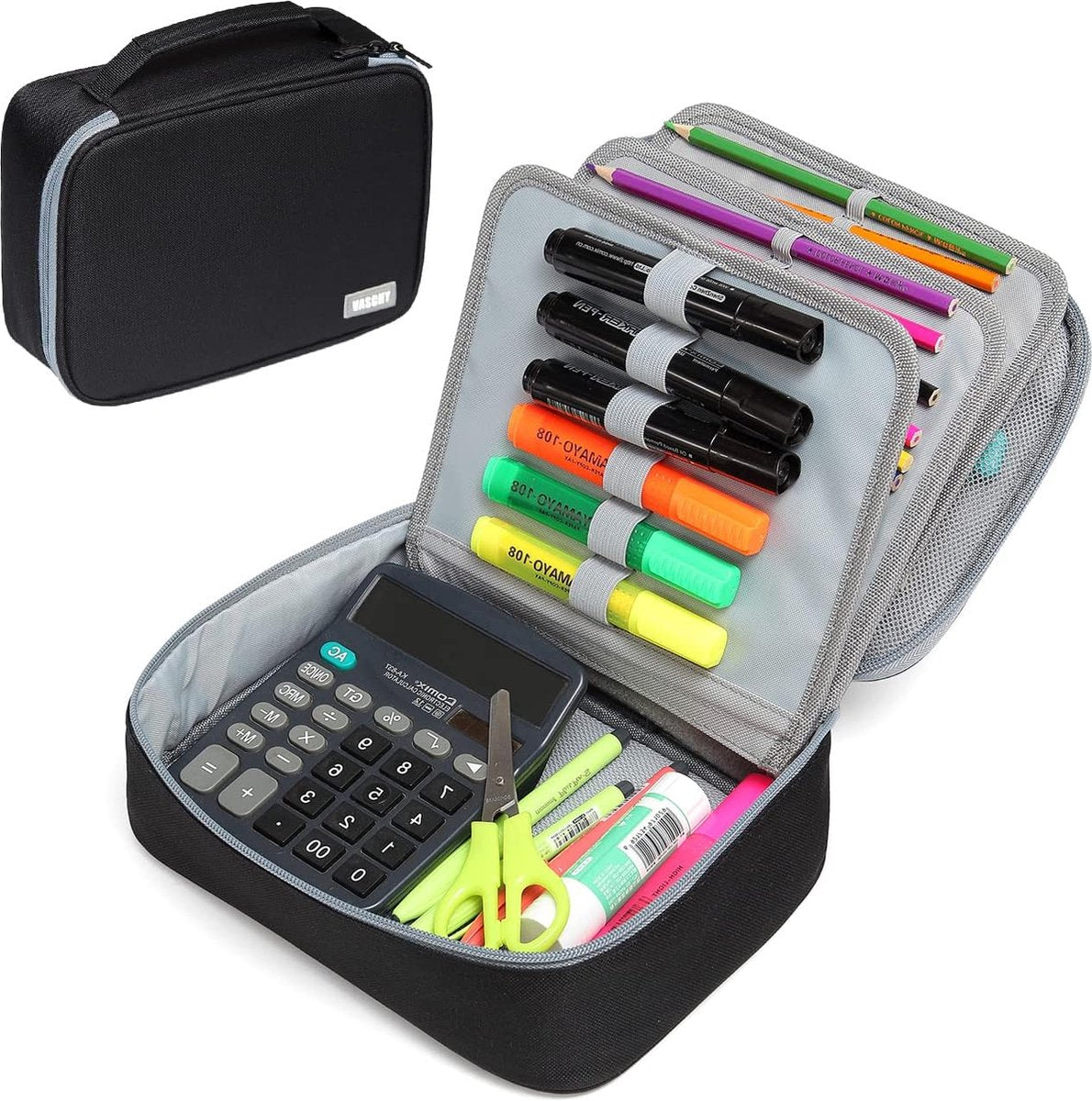Grote Etui, Etui met Dubbele Rits en Grote Capaciteit voor Kleurpotloden, Stiften, Pennen, Potloden voor Meisjes, Jongens, Volwassenen, School, Werk, Zwart