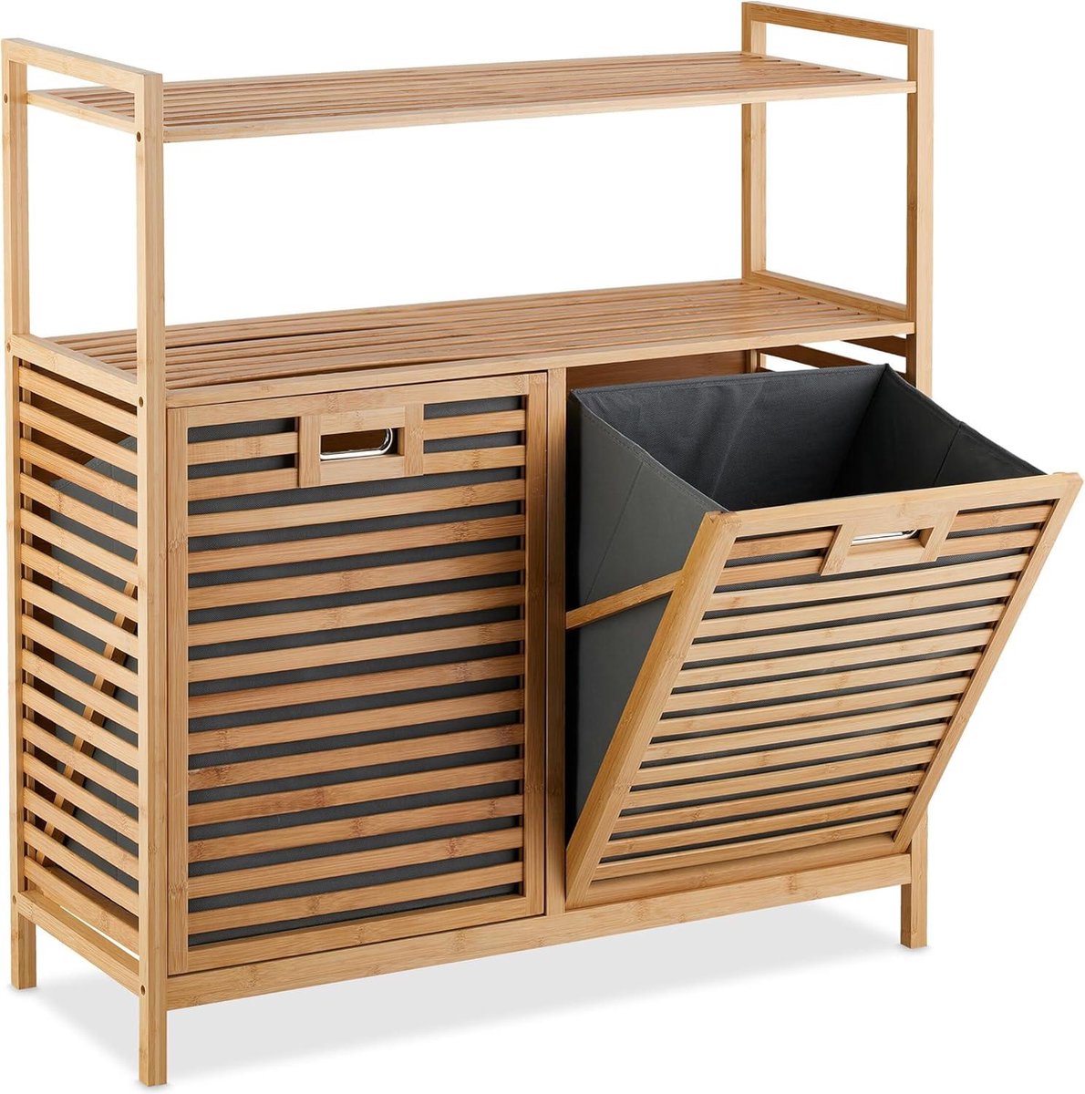 Laundry basket - 2 compartments - tiltable laundry bins - 40 litres per compartment - bamboo and fabric - natural look Laundry basket 3.0