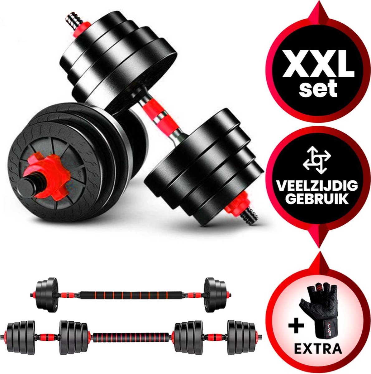 Viper Sports Adjustable Dumbbell Set up to 40kg + Gloves – Professional 2-in-1 Dumbbell Set with Weights – 2x20kg – Strength Training – Fitness Barbell – Dumbbells - Red