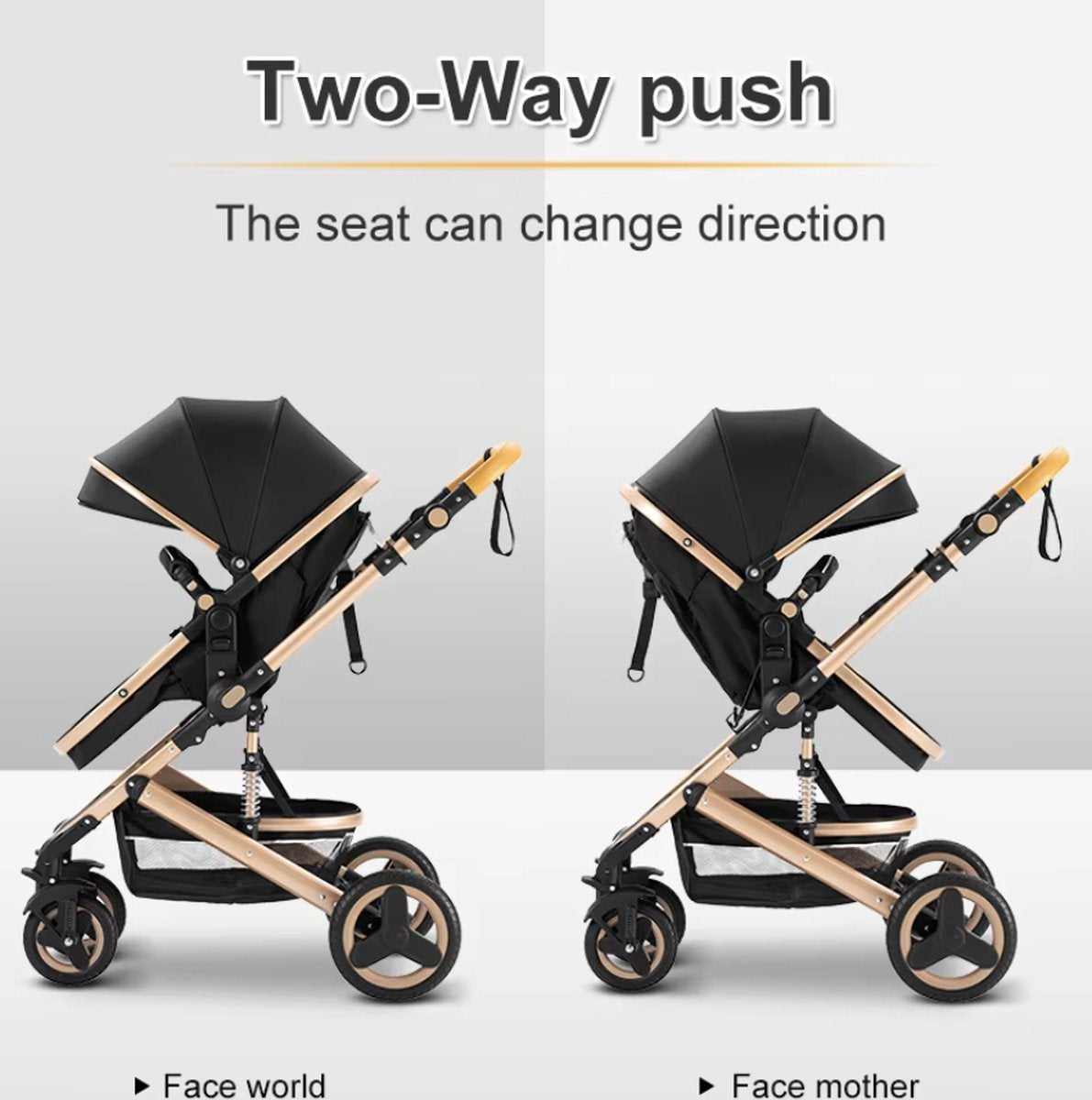 J&R Kinderwagen 3 in 1 - Kinderwagen - Wieg - Buggy - Autostoel - Opvouwbaar - Aluminium frame - Zwart - Goud