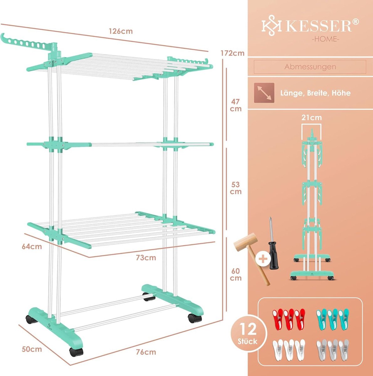 Clothes drying tower with wheels - Space-saving clothes dryer for indoor & outdoor use - 4 levels - 2 swivel side wings - 6 foldable levels - Standing dryer - Foldable clothes rack