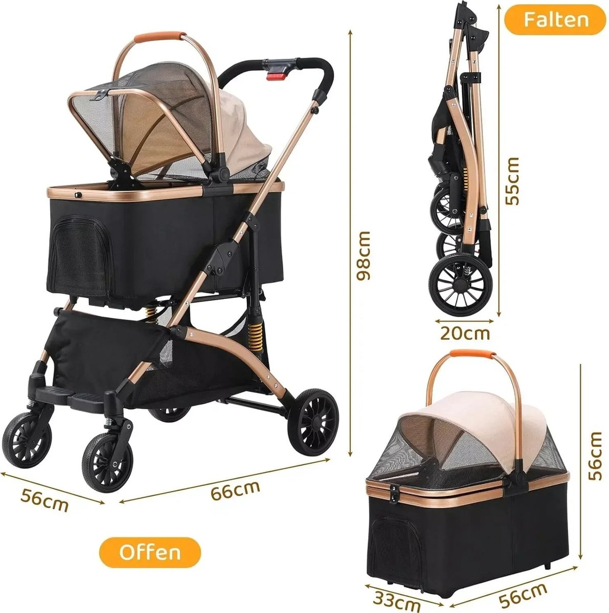 Luxe hondenbuggy - Hondenbuggy inklapbaar - 40 kg draagcapaciteit - Duitse kwaliteit - Opvouwbaar tot transportbench - Grote opbergruimte - Waterdicht materiaal