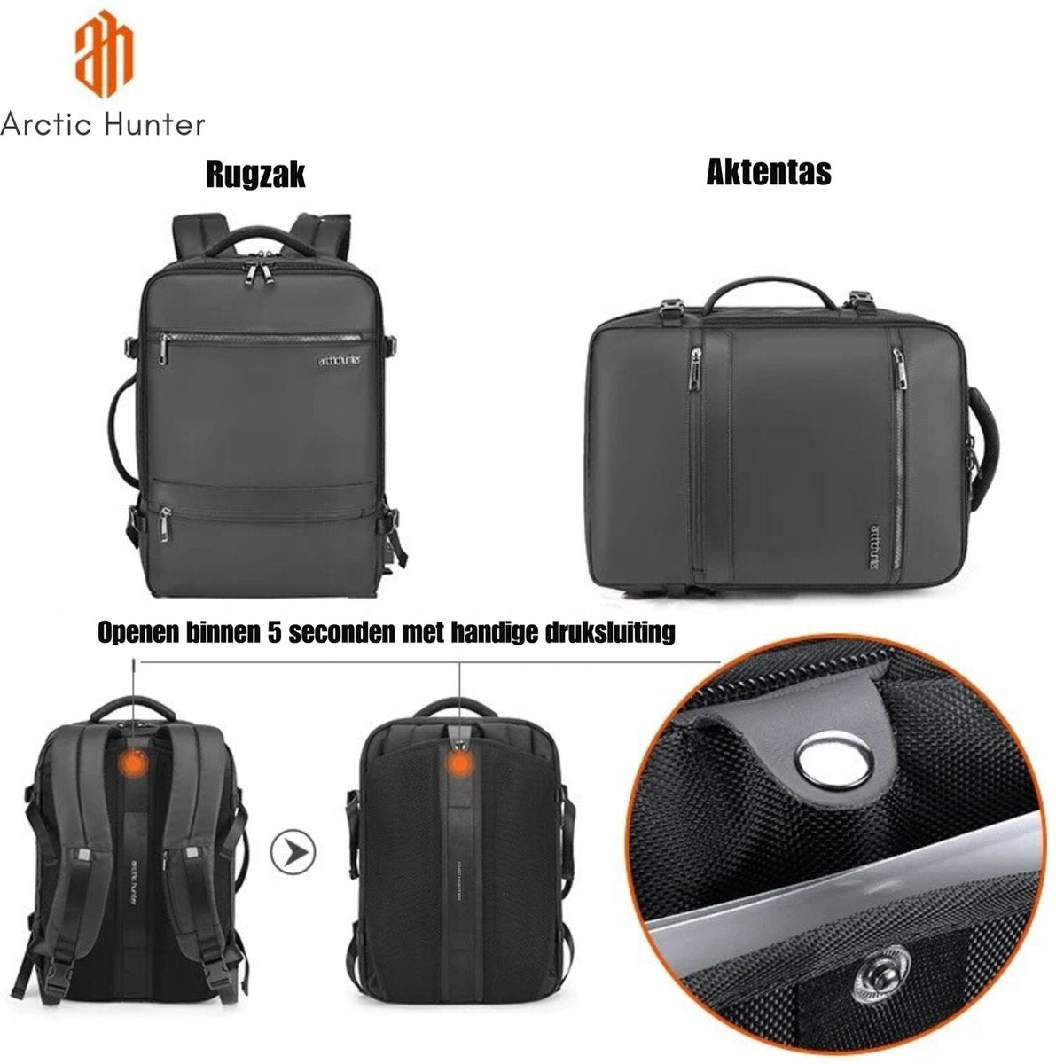 Arctic Hunter Rugzak - Laptoptas - Motortas - USB-aansluiting - Waterafstotend materiaal - Zwart - 32L
