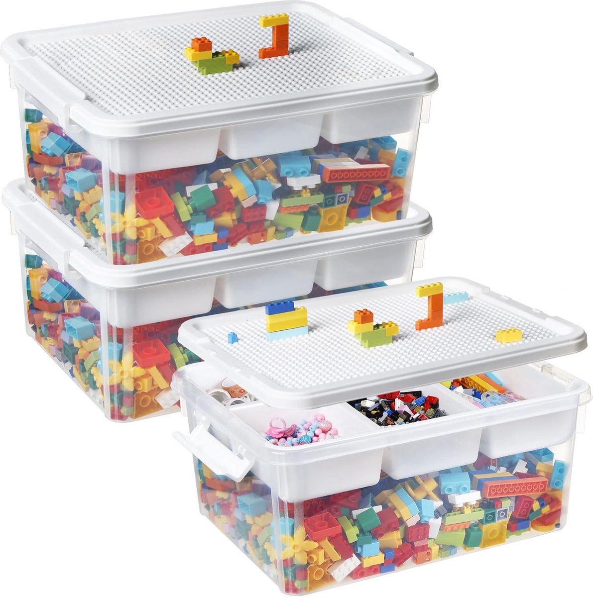 Storage box for building blocks, storage compartments, 3 pieces, stackable boxes, toy storage with lid and building plate, stacking boxes, plastic sorting boxes, organizer box for small parts, children's toy box