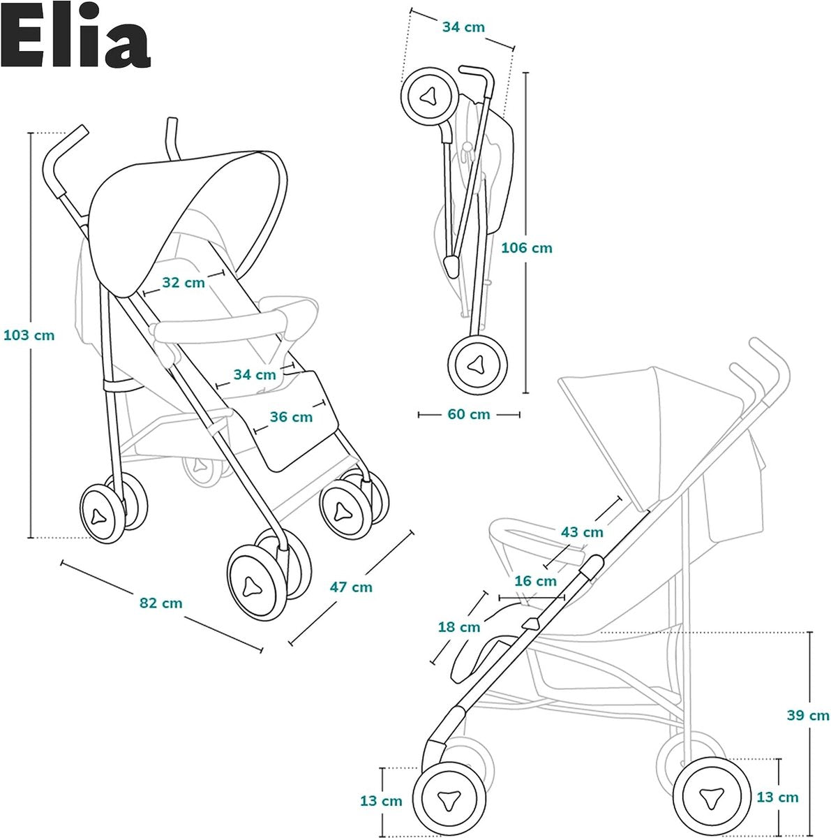 Elia Lichtgewicht Buggy tot 15 kg van 6 maanden tot ca. 3 jaar, Kinderwagen, Wandelwagen met Muskietennet, Voetenzak en Regenhoes, Lichte Constructie 7kg, Snel en Eenvoudig Opvouwsysteem (Grijs)