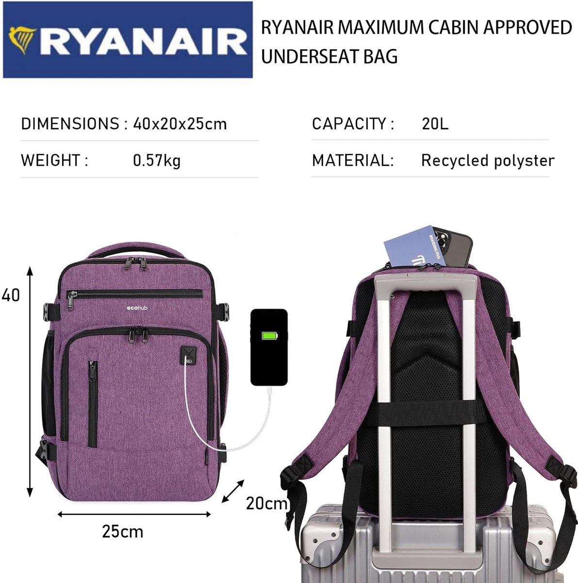 Backpack 40 x 20 x 25 cm, for Ryanair airplane, travel backpack, carry-on luggage, baggage, laptop, daypack, PET-recycled, eco-friendly backpack, waterproof, underseat, 20 liter, for