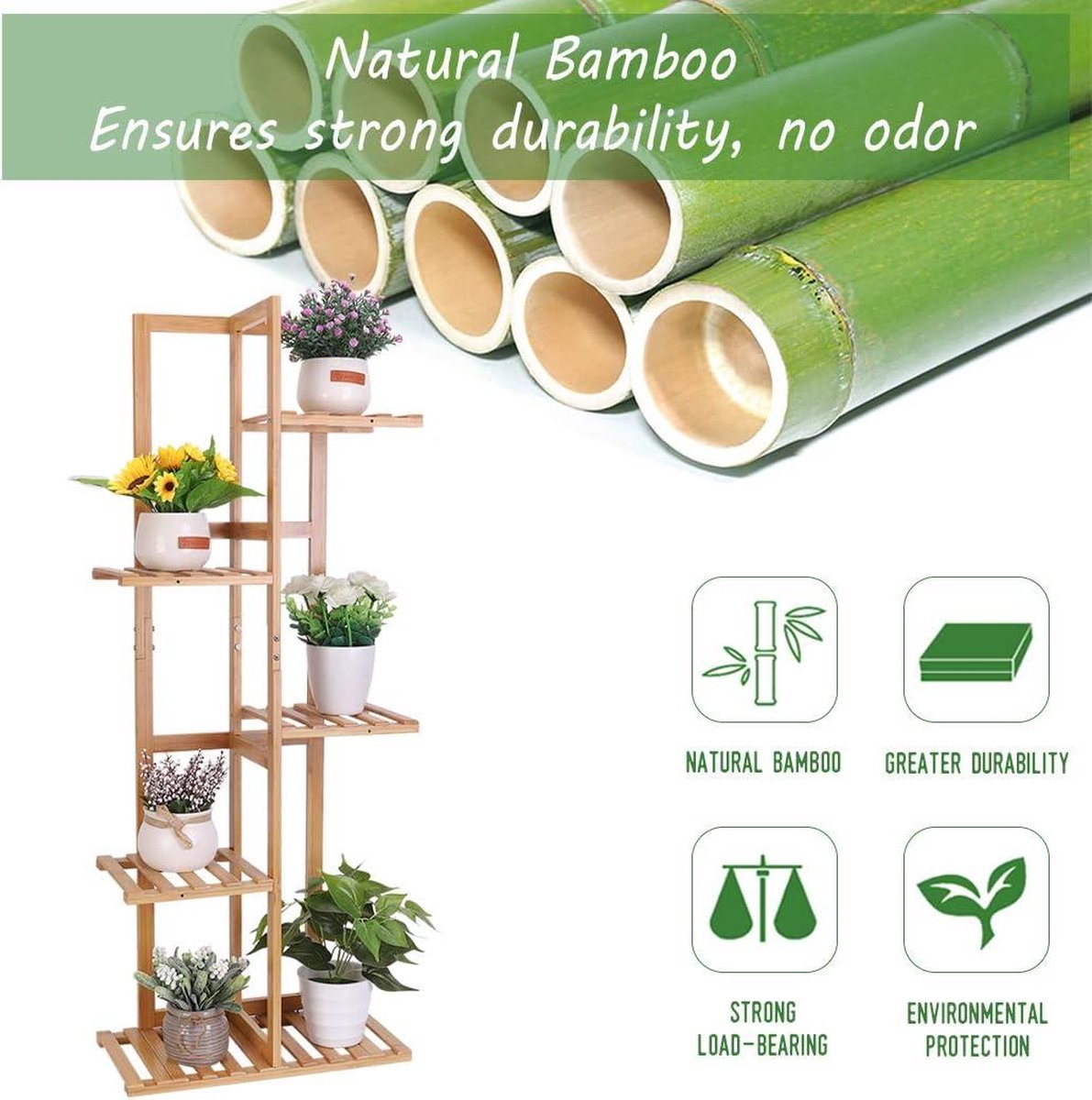 Bamboo Plant Ladder 6 Pot Plants Pot Holder Stand High 5 Tiers - Indoor Outdoor Storage Display Rack - Waterproof Flower Stand with Stand for Bonsai Patio Garden Plant Ladder