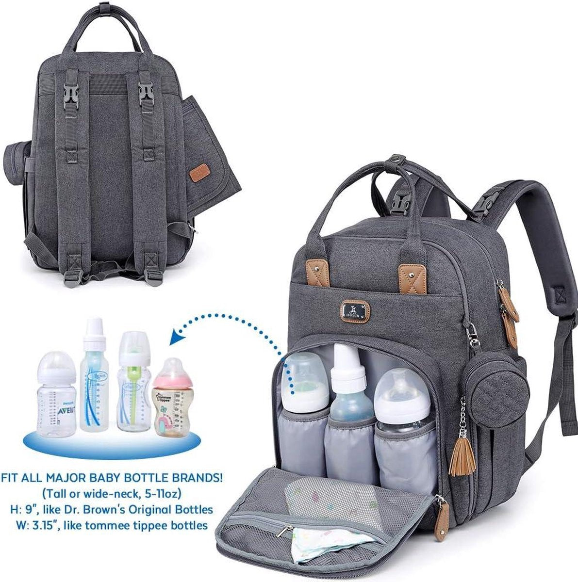 Diaper backpack - large size - includes portable changing pad and pacifier holder - dark gray