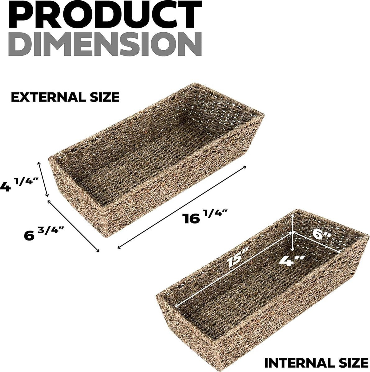 Seagrass Storage Baskets - Long Narrow Rectangular Woven Baskets for Bedroom Living Room Bathroom Shelves - Set of 2