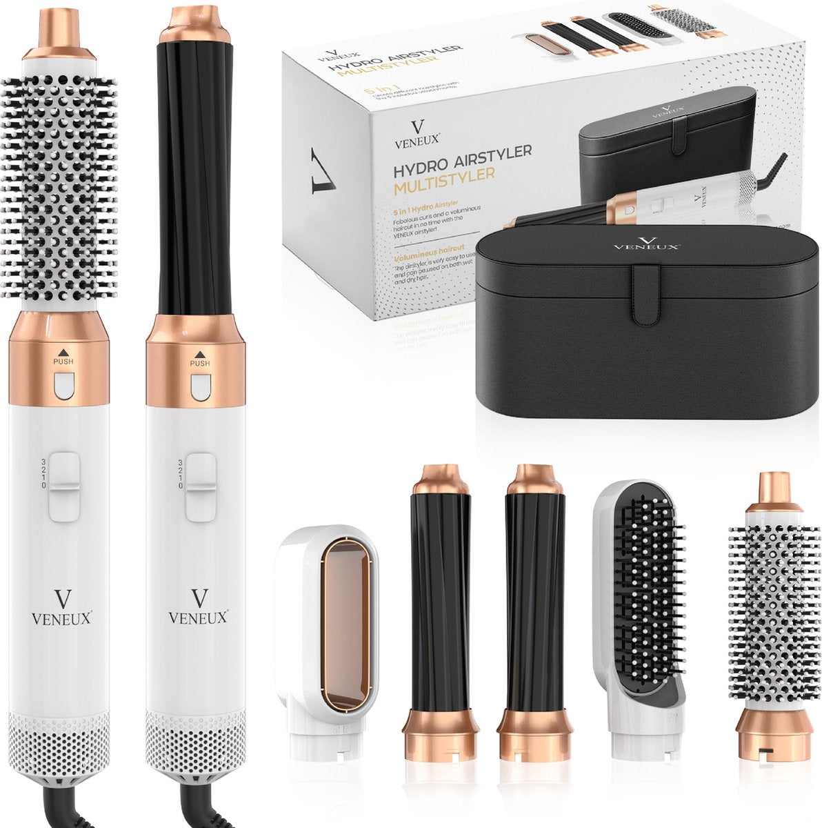 VENEUX® Föhnborstel - Airstyler - Krulborstel - Krultangen - 5-in-1 Multistyler - Met Opbergcase - Wit