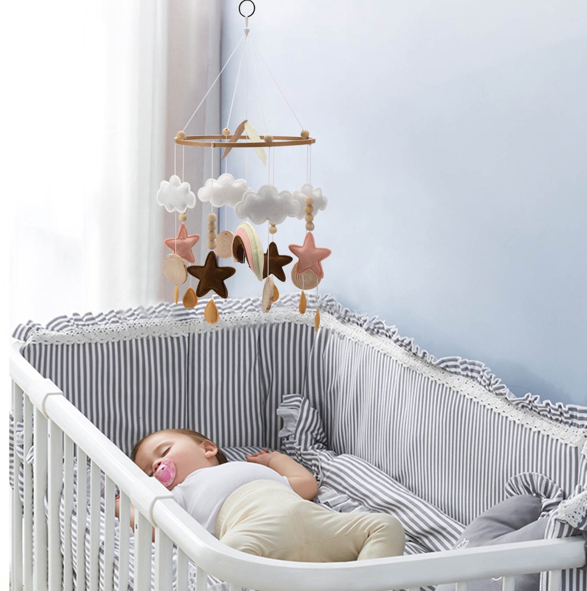 Muziek mobiel baby - Baby mobiel meisjes - roze - Box mobiel met geluid - regenboog - sterretjes - Babykamer - rainbow mobile - Muziek mobiel box