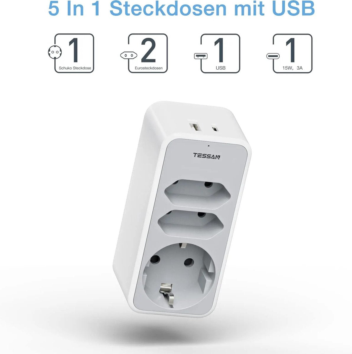 Travel Plug - 3 AC, 1 USB, 1 USB-C - UK to EU Adapter Plug - 15W 3A Travel Adapter - Travel Plug Foreign Socket - Travel Adapter England UK Adapter Plug Ireland
