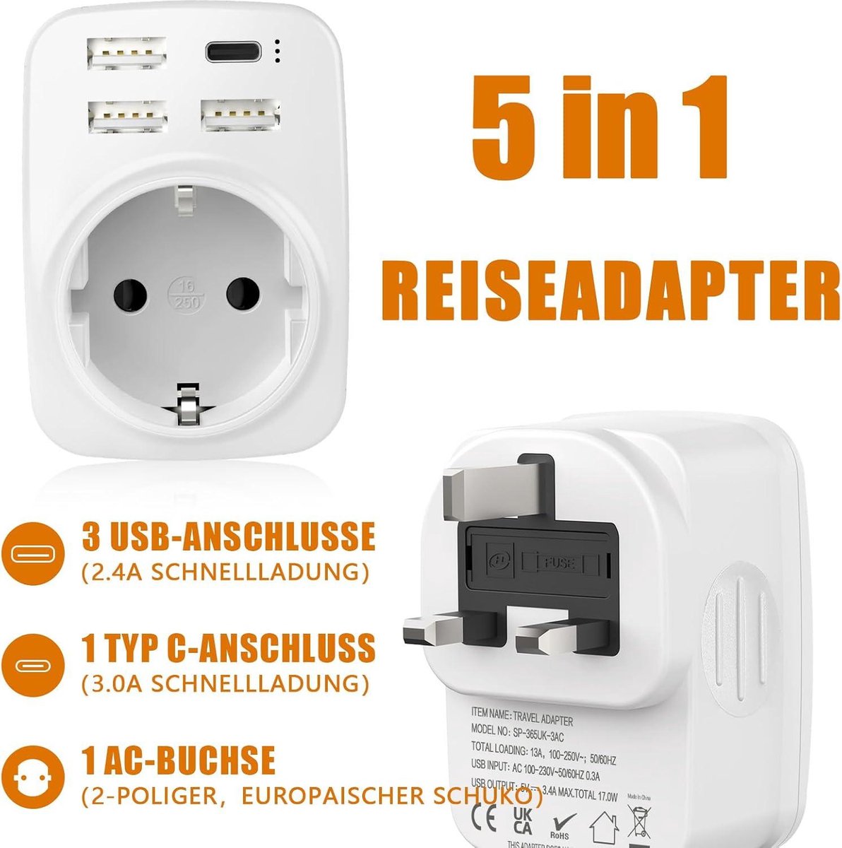 EU to UK plug adapter - England Germany socket - 3 USB-A and type C - 250 V/13 A 3250 W - type G - UK Ireland Singapore Hong Kong