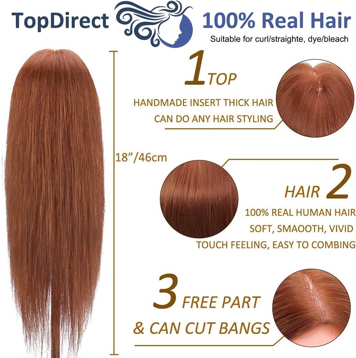 Mannequin Head for Hairdressers with Real Hair Including Clamps approx. 46 cm - TopDirect - Hairdressing Training Head