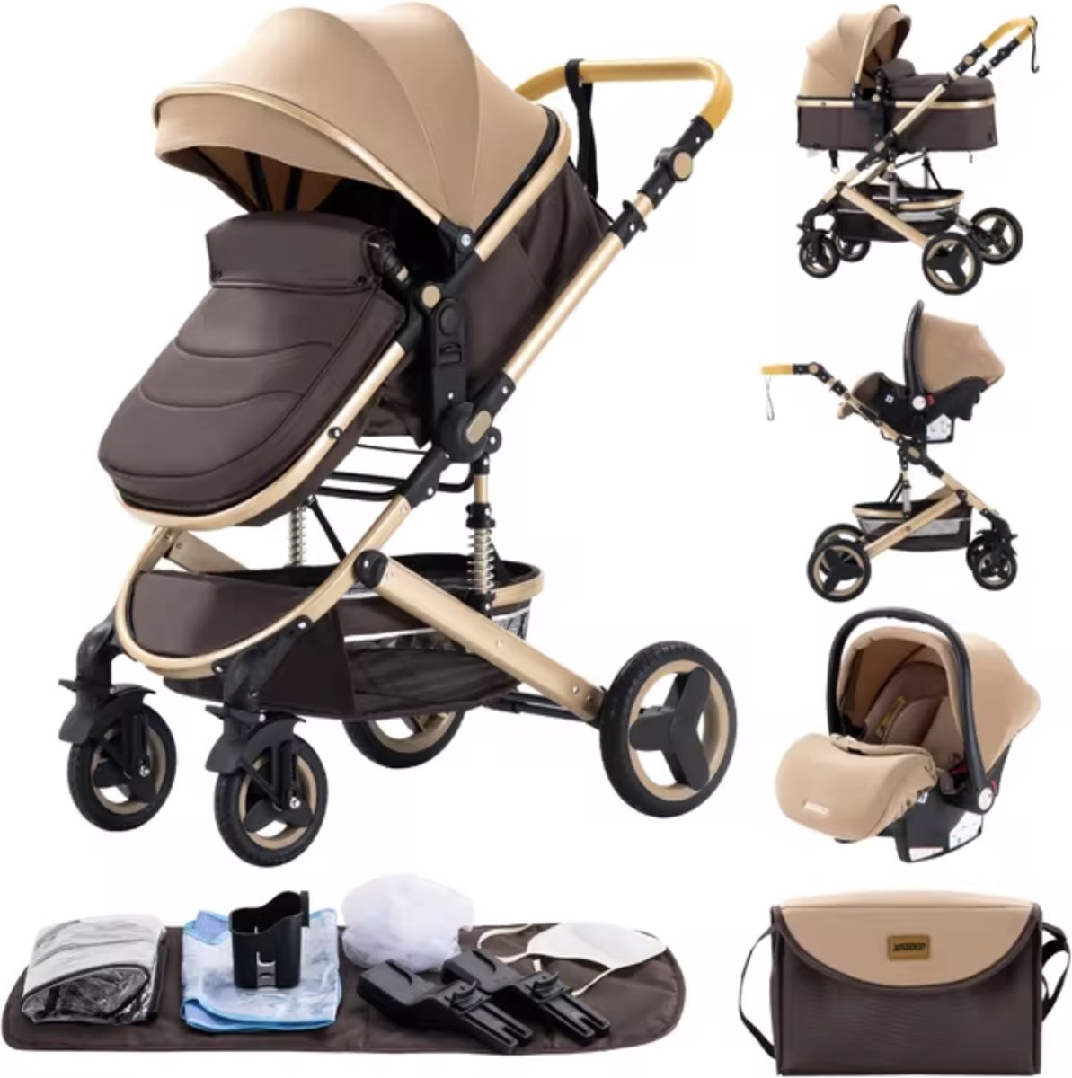 J&R Kinderwagen 3 in 1 - Kinderwagen - Wiegje - Buggy - Autostoel - Opvouwbaar - Aluminium frame - Khaki/Bruin/Beige - Goud