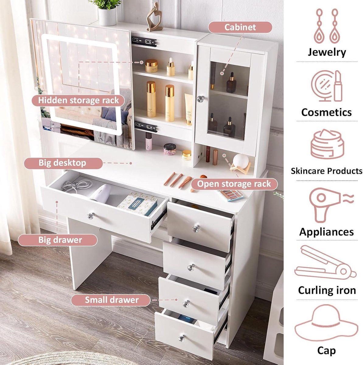 Make-uptafel met ledverlichting - Kaptafel met spiegel en krukje - 3 lichtmodi - 7 laden - 6 planken - Slaapkamer - 100 x 40 x 140 cm - Wit