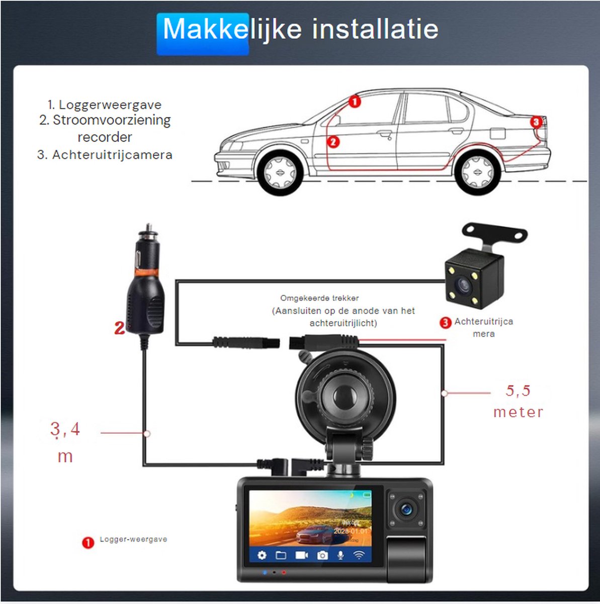 Dashcam - Beveiliging - Universele Pasvorm - Met Achteruitrijcamera - Monitor - Autocamera