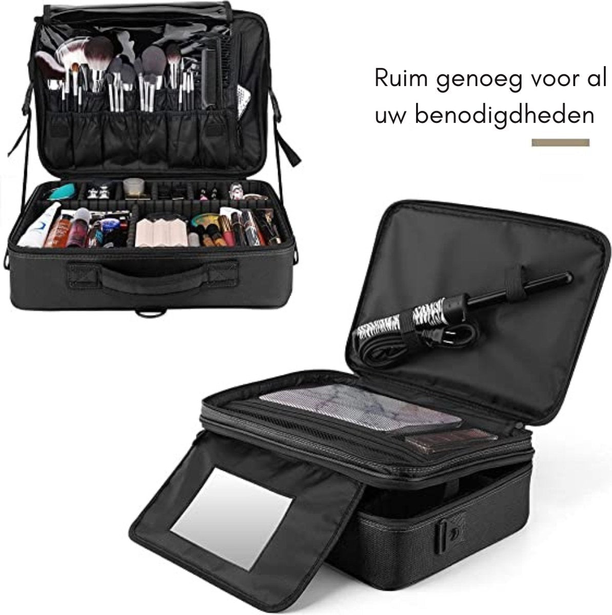 Visagie Trolley - Reizen - Make-up Tas - Cosmetica Koffer - 3 Lagen Groot Professioneel Cosmetisch - Trein Koffer - Draagbaar - Make-up - Kwastenhouder - Organizer - Artiesten Opbergtas Met Schouderriem Spiegel - Zwart