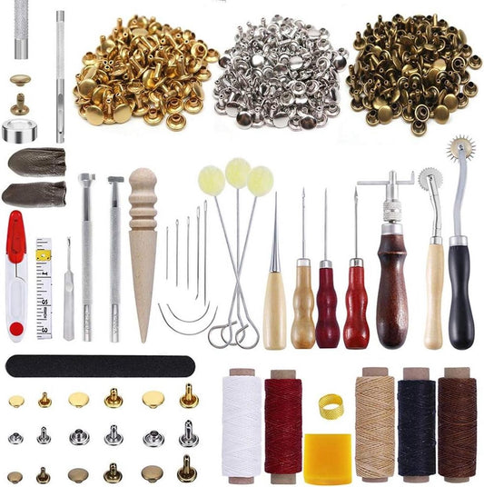 336-delige leervakgereedschapset - doe-het-zelf leervakset met drukknopen - leerpons, handwerkboor, slijpen, naaien, stiksels, stempelen, snijwerk