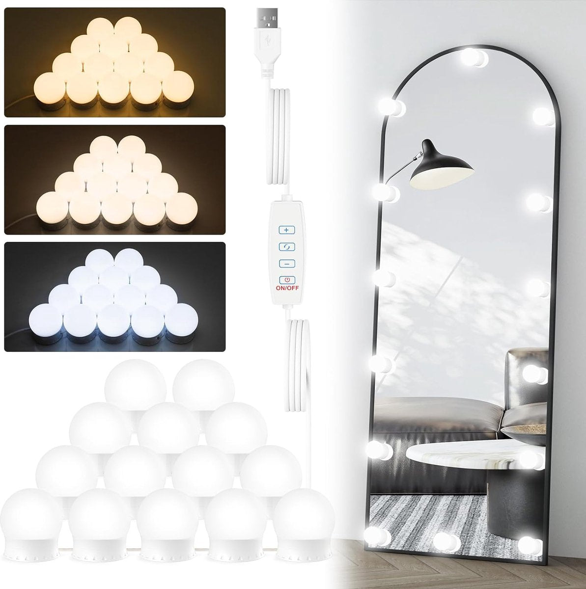 LED-make-uptafel, Hollywood, kaptafel met 14 lampen, kaptafel, dimbaar, USB, make-uplamp met 3 kleuren (spiegel en adapter niet inbegrepen)