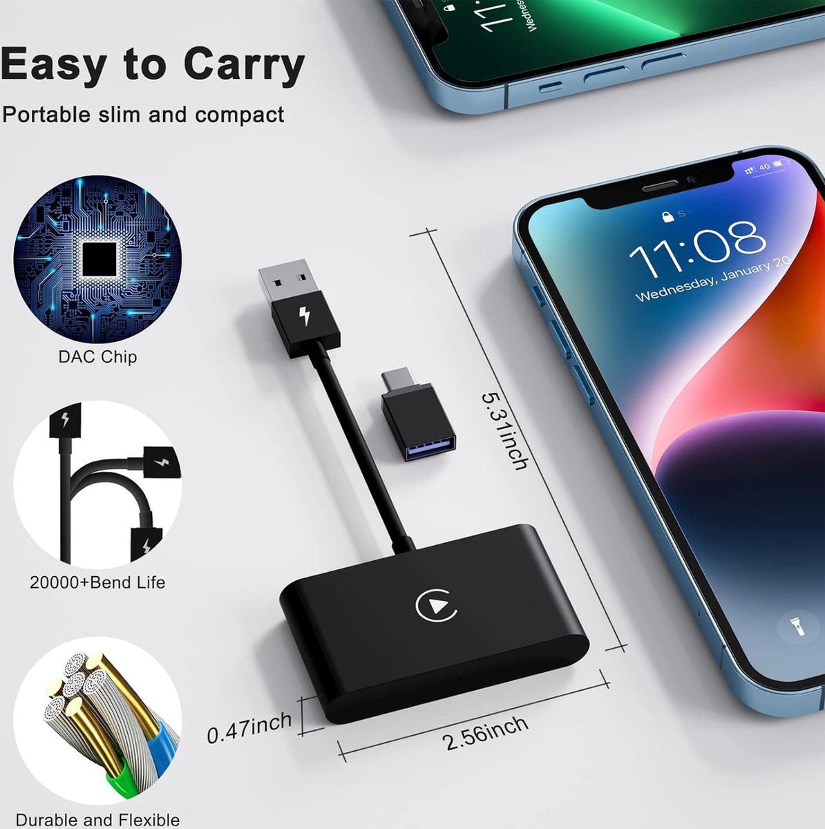 Wireless CarPlay Adapter voor iPhone - 5GHz wifi - automatisch verbinden - iOS 10+ - auto's vanaf 2017 (CarPlay 1)