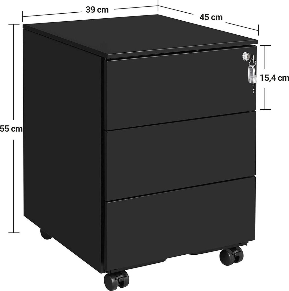 Luxe Stalen Ladeblok Op Wielen - Met Slot - Verrijdbare Ladekast Archiefkast Kantoor Kast - Office Rolcontainer Voor Onder Bureau - Mobiele Bureau Kast - Afsluitbaar - 3 Laden - Zwart