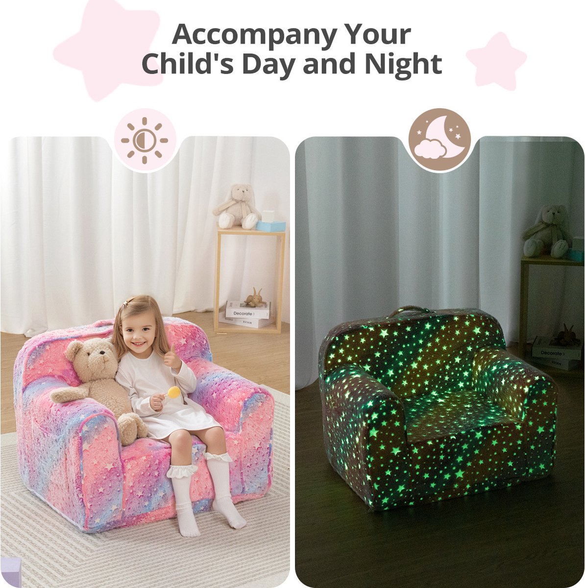 Kinder Zitzakstoel - 61x45x45cm Lichtgevende Kleuterstoel - Kinderbank - Afneembare & Uitwasbare hoes - Roze