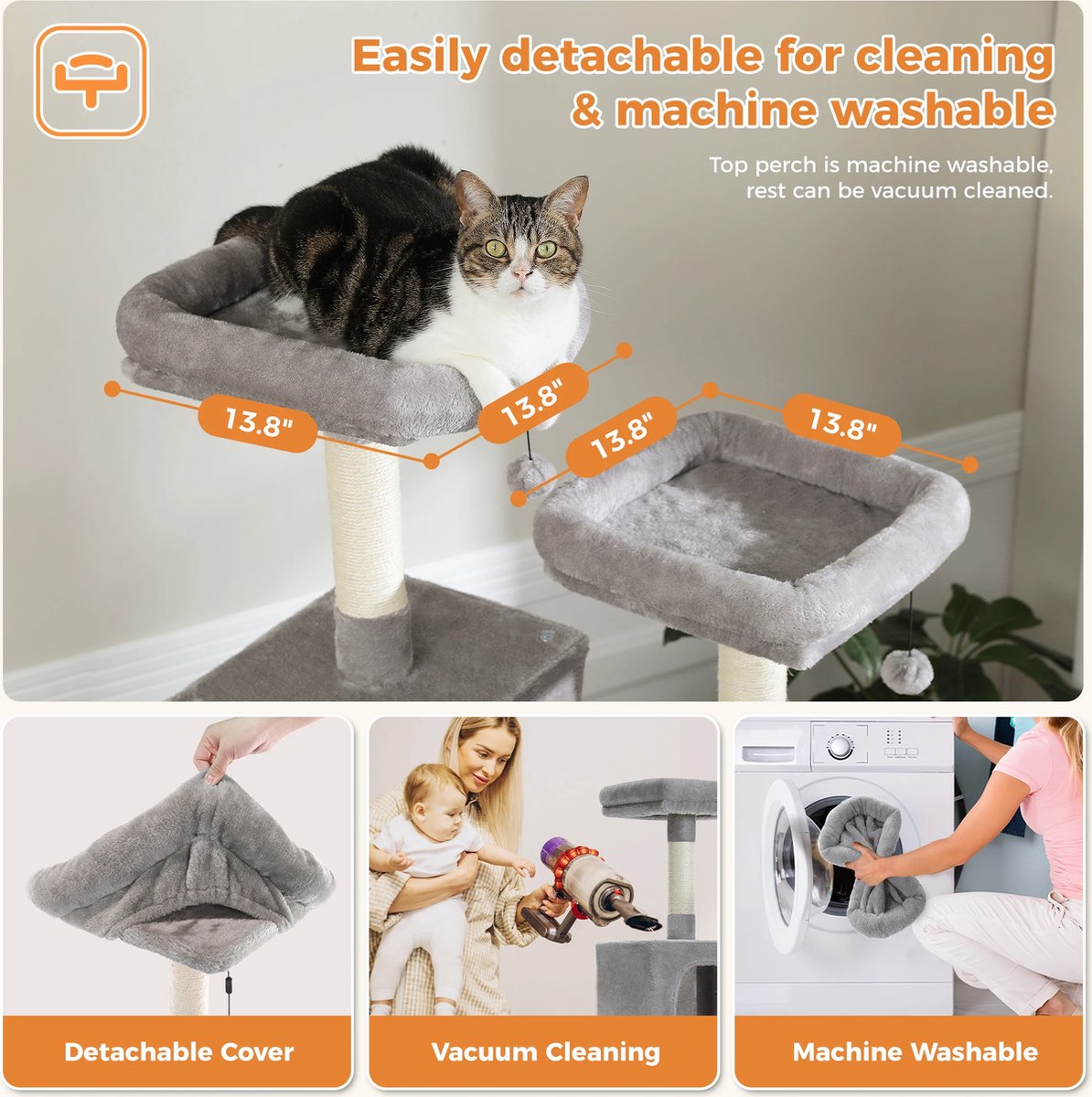 Nique Krabpaal - Krabpaal voor grote en kleine katten - 180cm hoog – 6 verdiepingen - Pluche - Sisal Krabpaal - Zitstokken en Hangmat - Licht Grijs