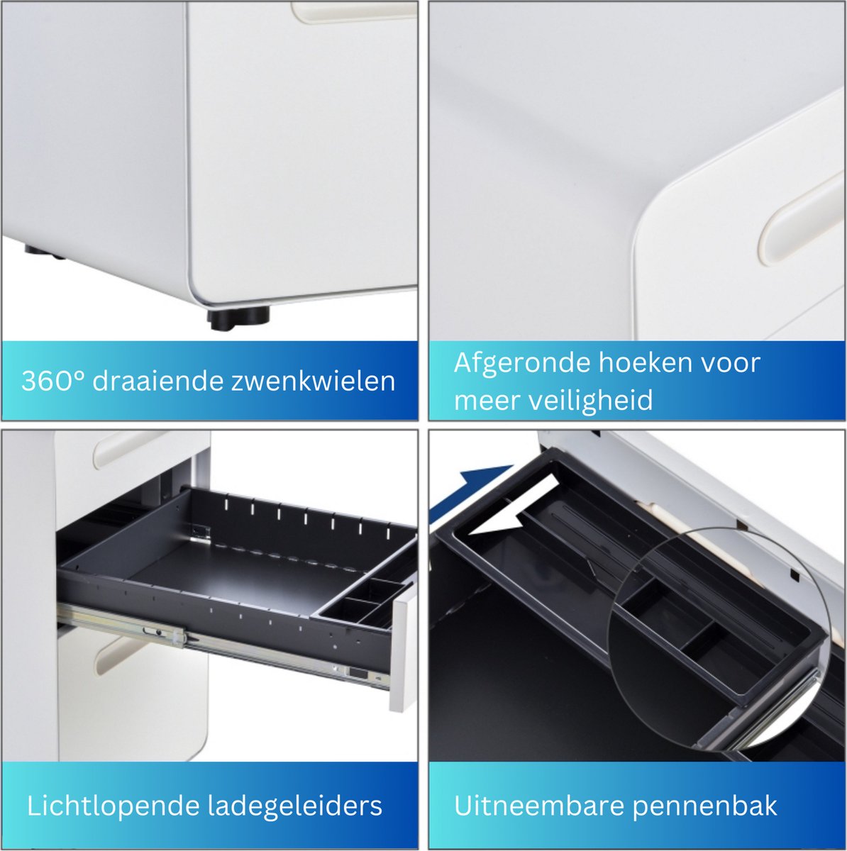 Ladeblok - Ladeblok bureau - bureaukast - Archiefkast - 3 lades - Met slot - Staal - Wit