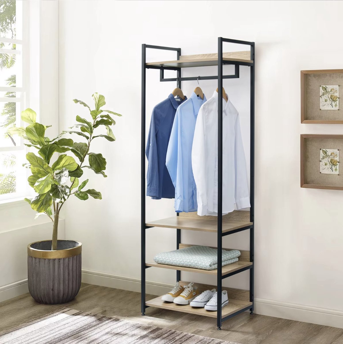 J&R Kapstok - Garderobe - Garderoberek - Kast - Kapstok staand - Kapstok met schoenenrek - Kledingrek - Eikenhout - Zwart metaal - 56x36x170