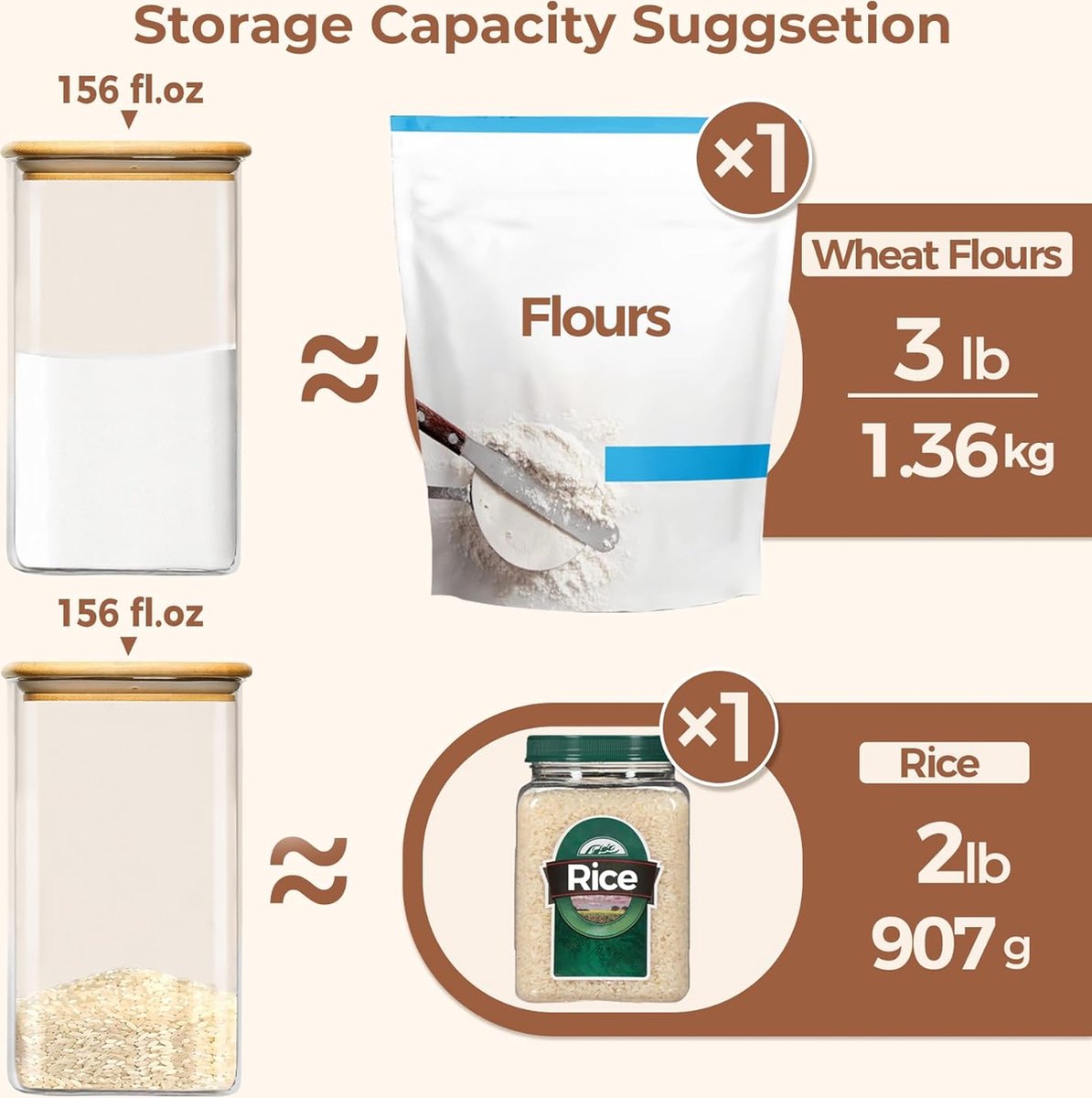 160 oz glazen voedselopslagcontainers, 1 gallon glazen meel- en suikercontainers met luchtdichte deksels, grote vierkante glazen potten met bamboe deksels voor rijst, pasta, havermout, granen,