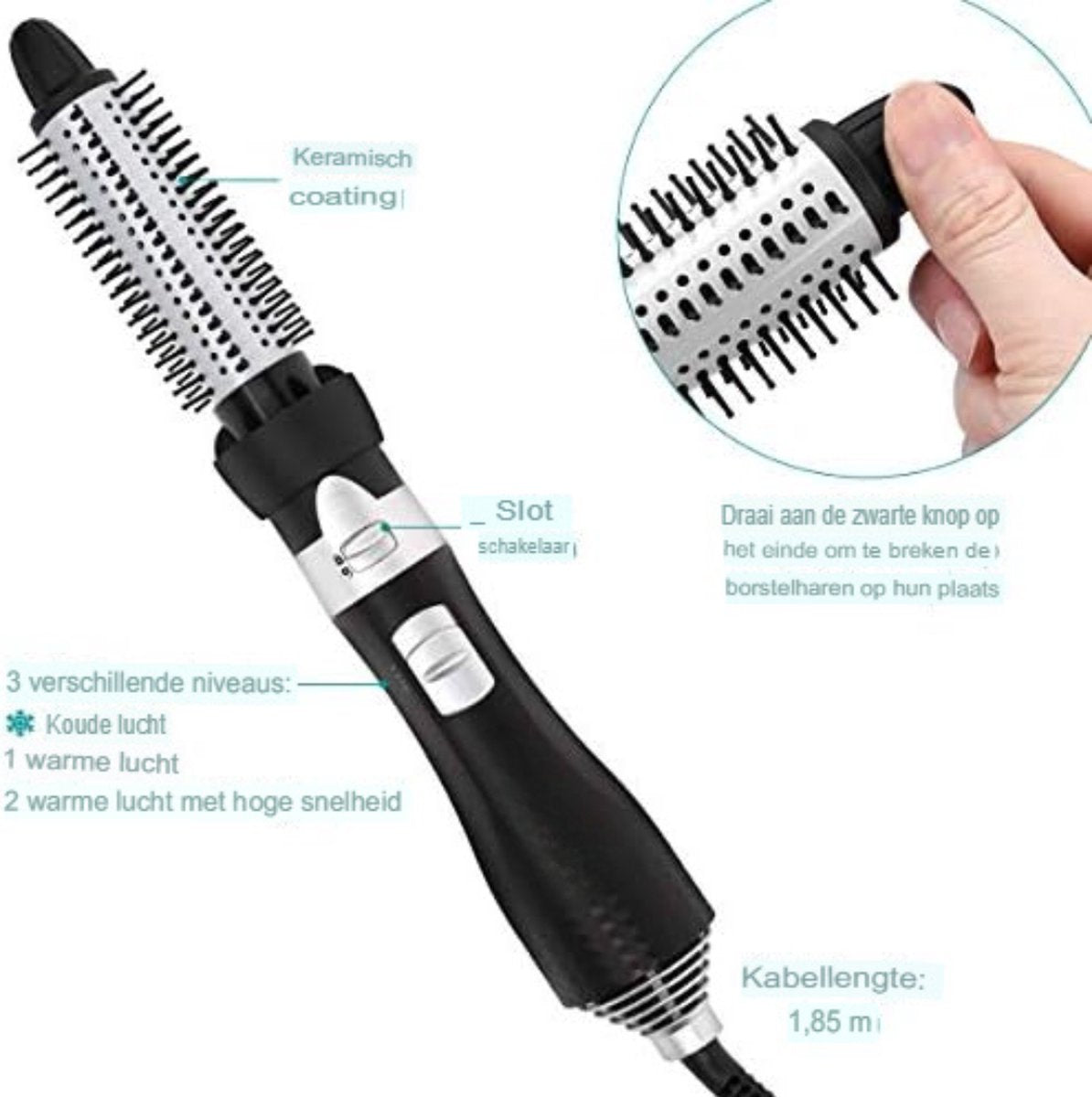 Hairbrush Electric - Heat Brush - Hairbrush Round - Hairbrush Anti-tangle - Black/Silver