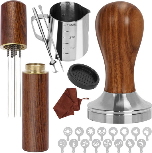 23-delige koffietamper set - Barista accessoires - Espresso Tamper - 51mm Espresso - Koffieroerder - Melkkan - Tampermat - Baristadoek - Latte Art Pen - 16 Decoratieve