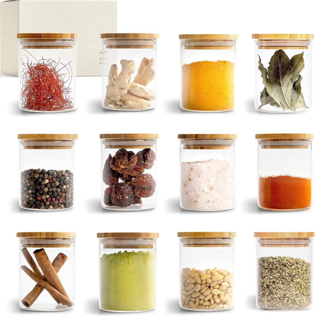 Stackable Spice Jars Bamboo 150ml - Glass Storage Jars Set - Spice Jars - Spice Organizer - Glass Jars Storage Containers - Tea Storage Boxes spice jars square