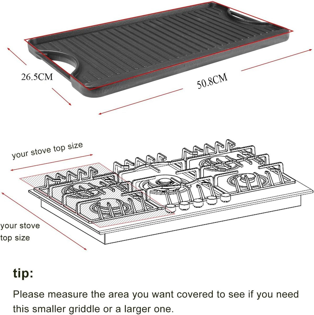 Gietijzeren antiaanbak grillplaten 50,8 x 26,5 cm voor oven, fornuis en grill, dubbelzijdige gietijzeren grillplaat met groeven en gladde roosterzone, roosterplaat.