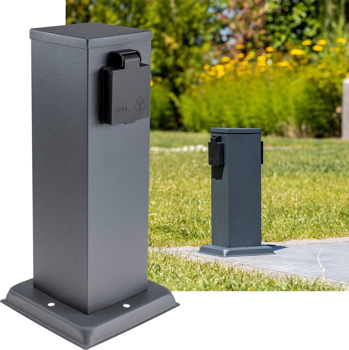 Tuinpaal met grondpin - Buitenstopcontact - dubbel (2x) - 30cm zuil - zwart IP44