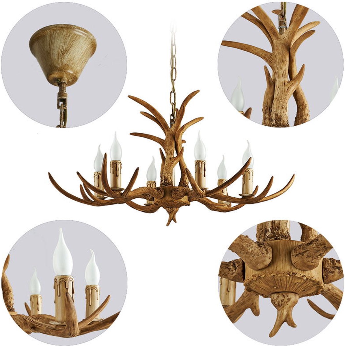 Wooden Chandelier - 6 Arm Wooden Chandelier - Deer Horn Style - 75 cm - Pendant Light - Living Room Lamp - Modern Lamp