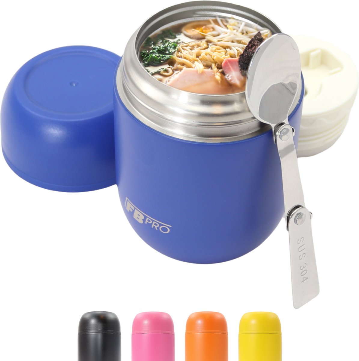 Thermos voedselcontainer met lepel - Thermoskan - Thermosbeker voor het meenemen van eten - Voedselcontainer voor soep, noodles, babyvoeding, havermout, ijs en meer! - Yoghurtbeker to go - Blauw en Zwart - 420ml