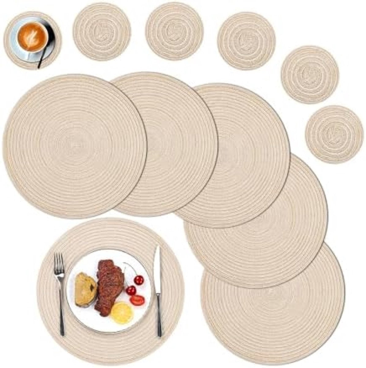 Ronde placemats en onderzetters, set van 6, ronde gevlochten geweven placemats, afwasbare tafelmatten en onderzetters, hittebestendige tafelmatten voor keuken, eettafel, thuisrestaurant