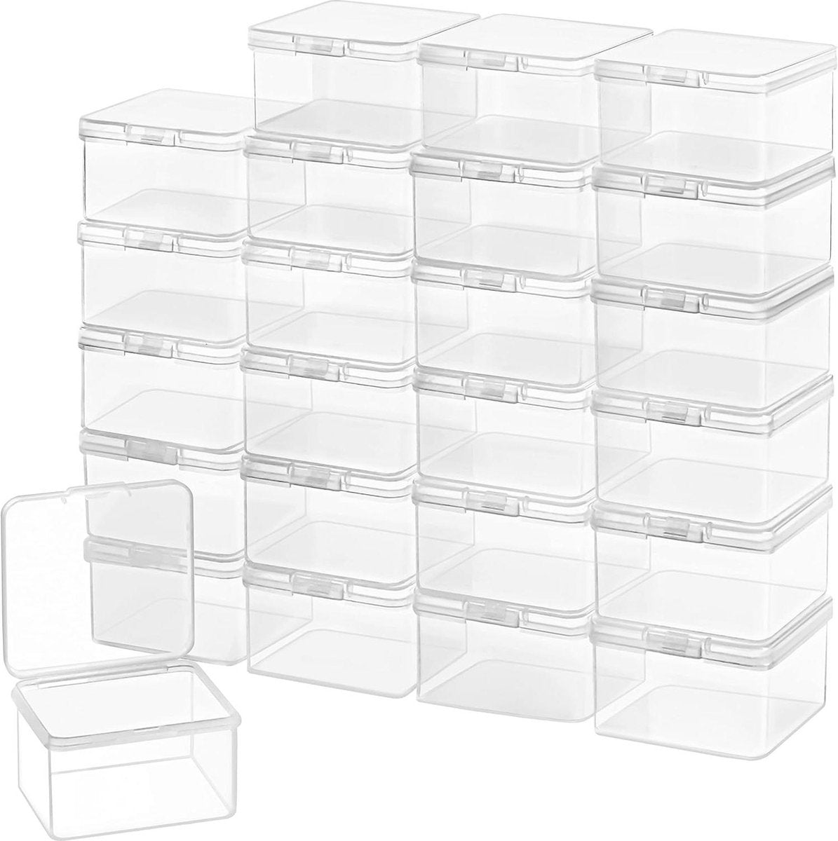 Kleine Doorzichtige Plastic Opbergdoosjes met Scharnierend Deksel - Set van 24 - L62 x B62 x H4 cm - Mini Vierkante Doosjes voor Pillen, Kralen, Sieraden & Knutselspullen. doorzichtig doosje