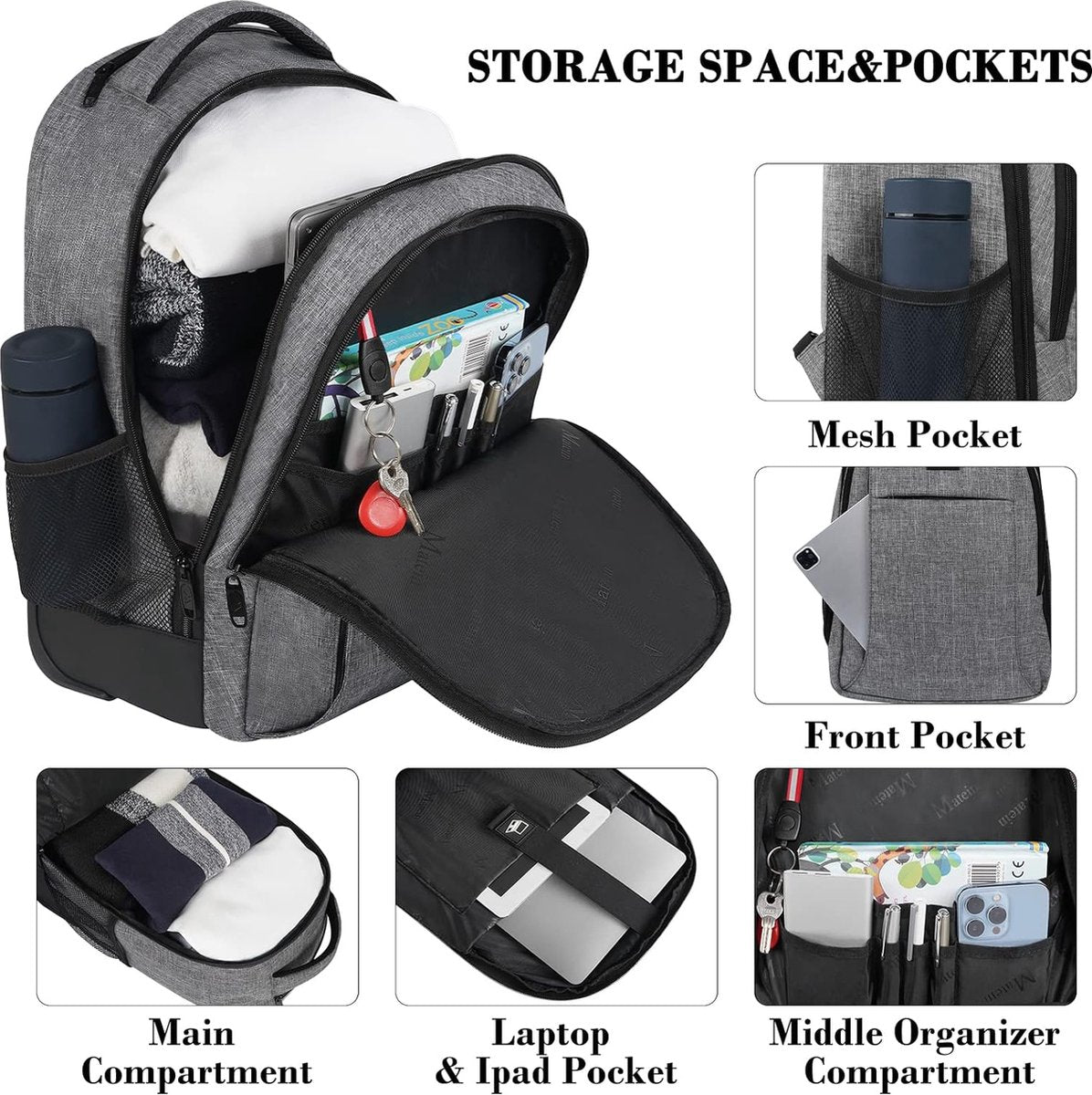 Schoolrugzak met wielen, zakelijke trolley, lichtgewicht handbagage, vliegtuig, reisrugzak, heren, 17 inch, laptoptas, reistas met wielen, dames, schooltrolley, rugzak met wielen, voor werk, universiteit,