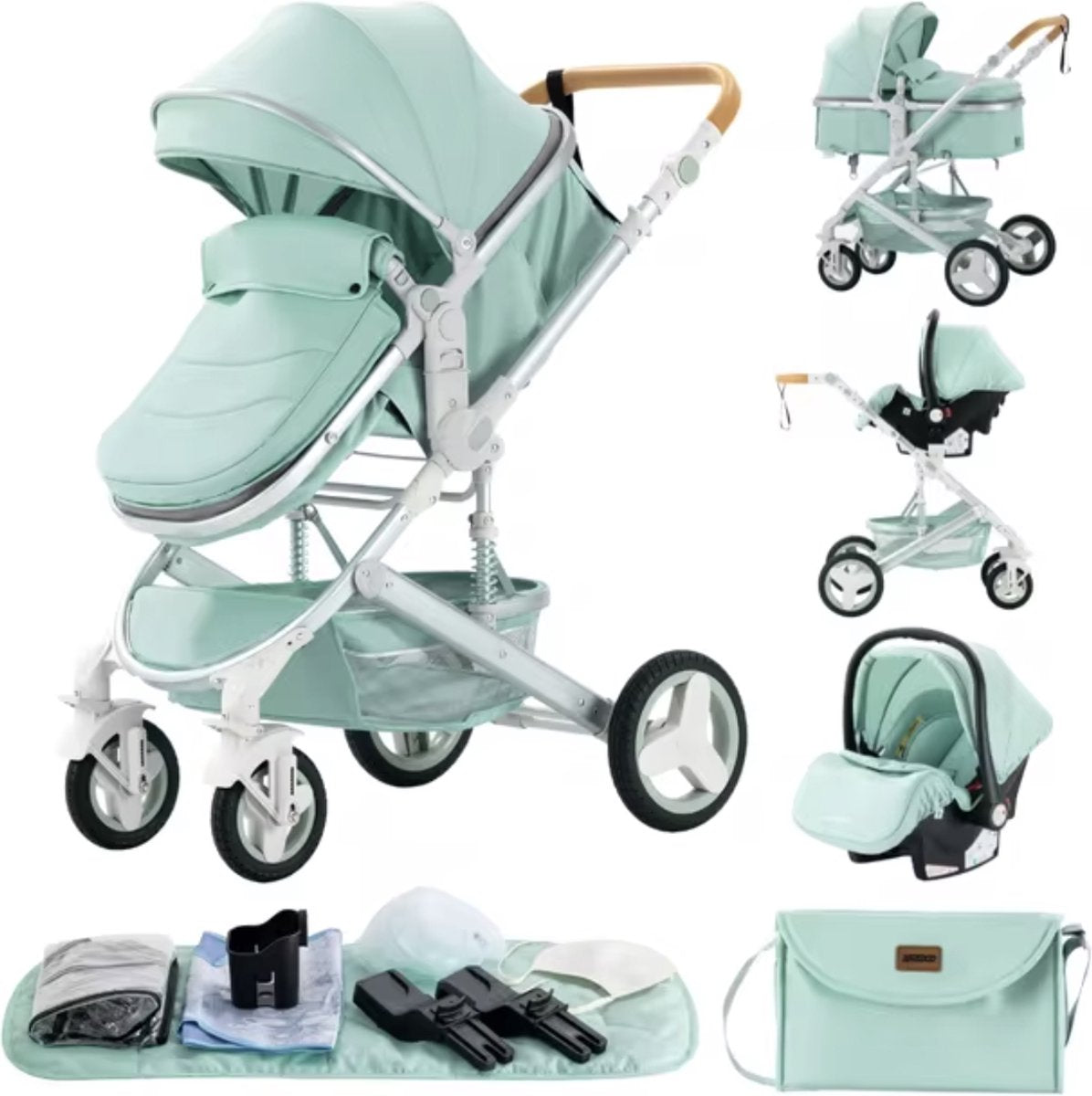 J&R Kinderwagen 3 in 1 - Kinderwagen - Wieg - Buggy - Autostoel - Opvouwbaar - Aluminium frame - Mintgroen - Zilver