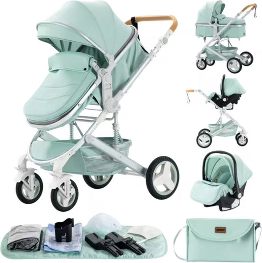 J&R Kinderwagen 3 in 1 - Kinderwagen - Wieg - Buggy - Autostoel - Opvouwbaar - Aluminium frame - Mintgroen - Zilver