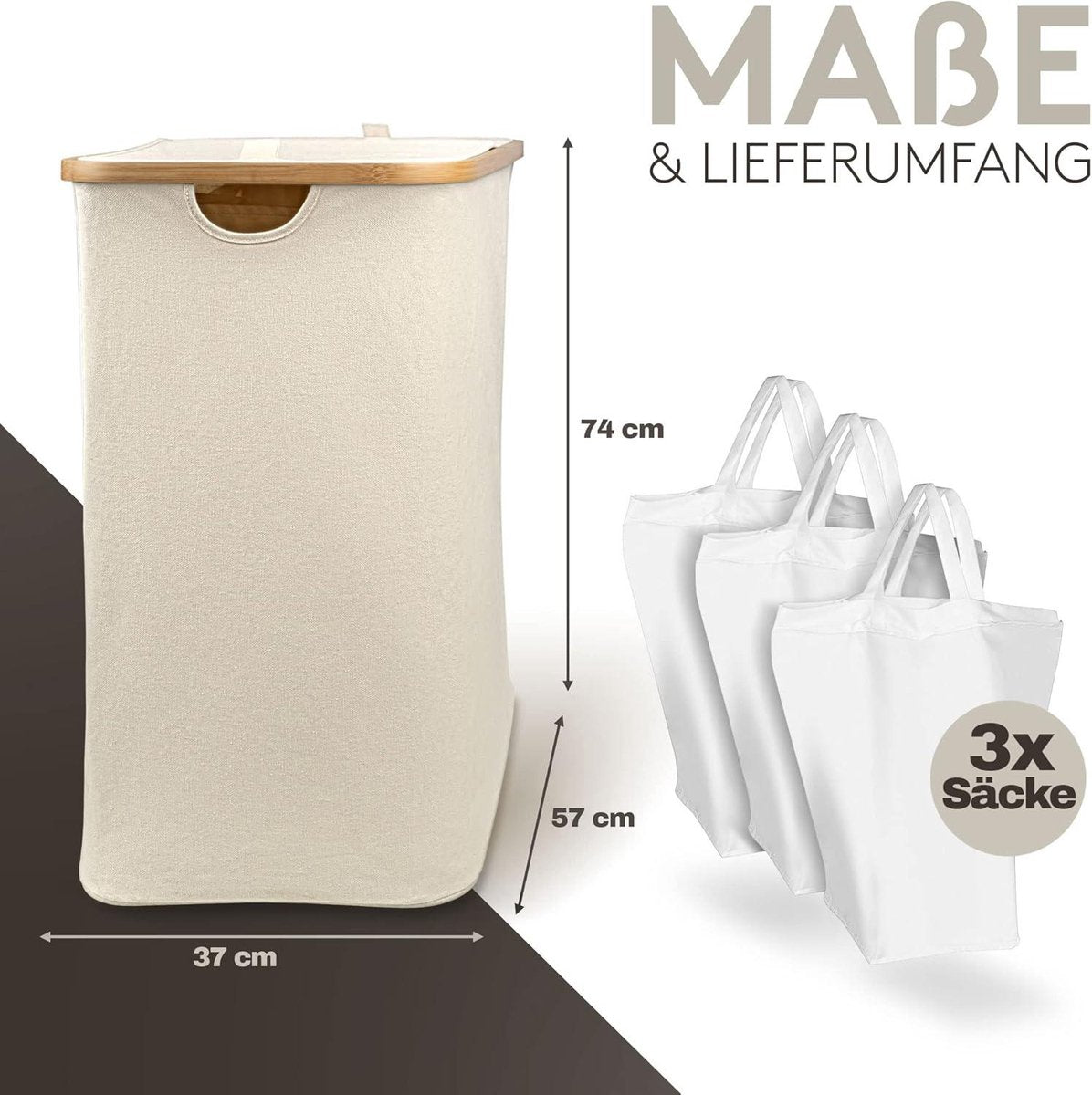 Light Laundry Basket 2 compartments with lid 150 liters bamboo fabric large XXL sorting system laundry collector - beige - Celeko