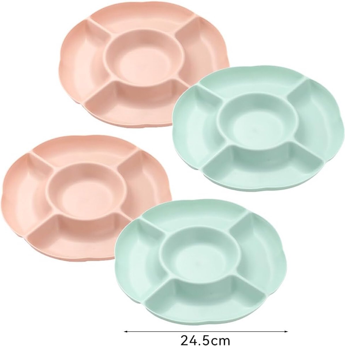 Snackborden met 5 Vakken - 4 Stuks Snackschalen - Plastic Snackborden - Fruitborden van Kunststof - Herbruikbaar - Duurzaam voor Noten - Desserts (Roze - Groen)