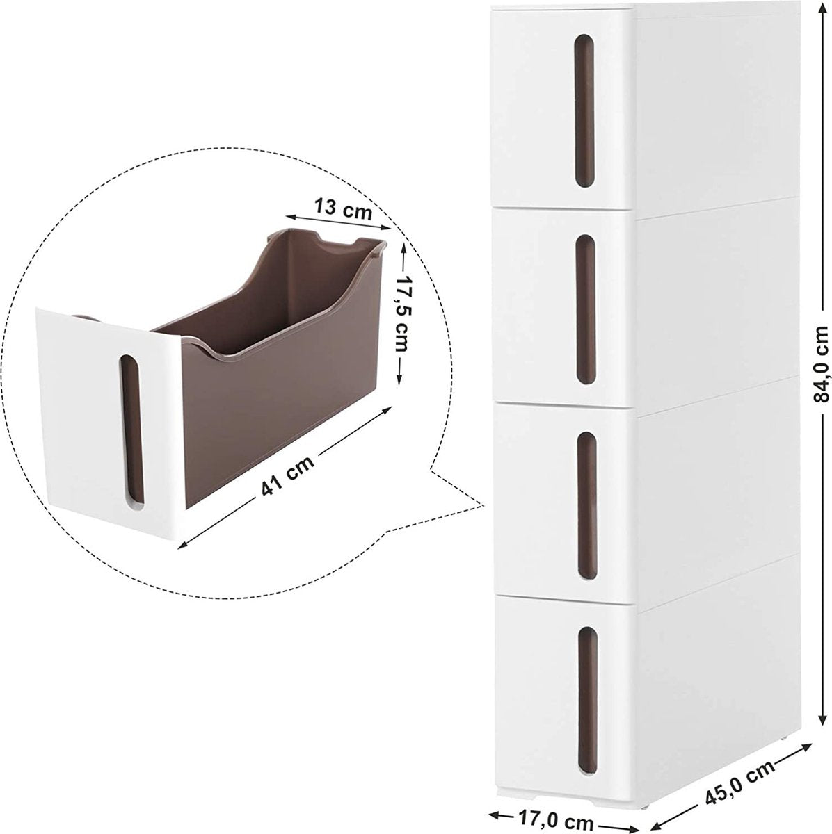 SONGMICS KFR08WT Mobiel nisrek, smalle rolwagen met 4 laden, uittrekbare legwagen, badkamerrek, keukenkast met afneembare wielen, PP, ruimtebesparend, 45 x 17 x 84 cm, wit