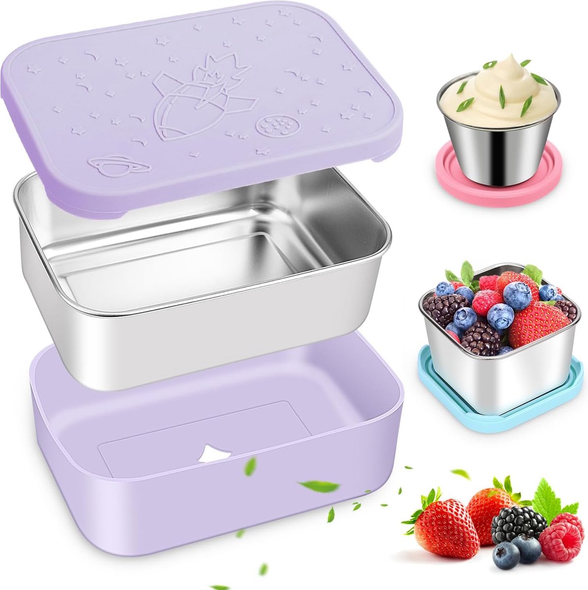 3-delige roestvrijstalen Bento Box lunchboxset, 850 ml, lekvrij, broodtrommel voor volwassenen met siliconen deksel en beschermhoes, kleine metalen broodtrommel, lunchboxen, sausbeker,
