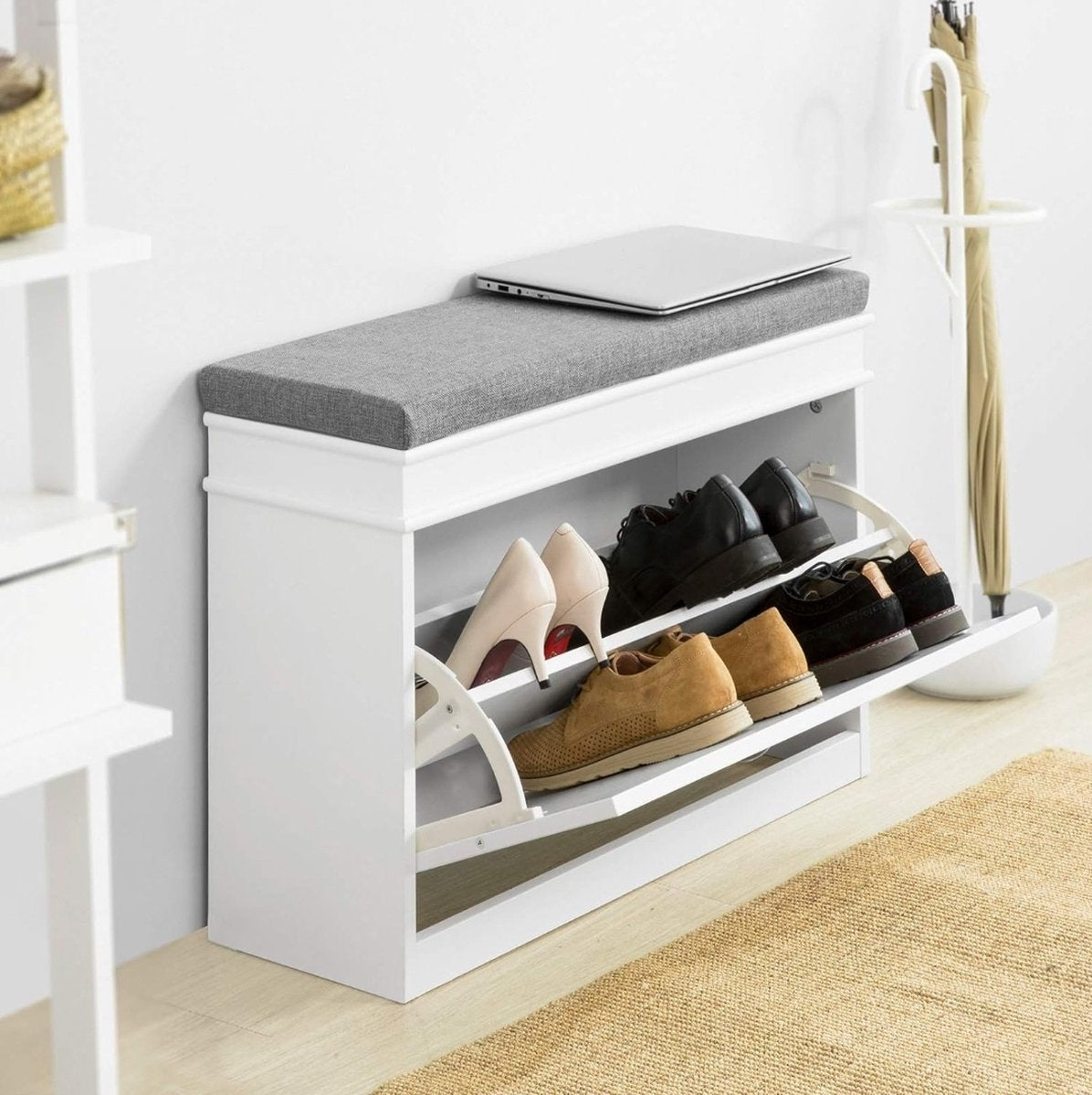Shoe Bench with Seat Cushion - Shoe Cabinet - Practical Storage Compartment - 2 Tiers - Hallway Furniture - White - Beautiful Design - Stenberi