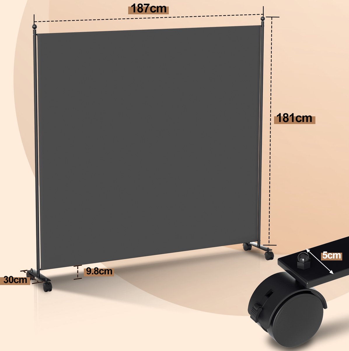 Room divider on wheels with 1 panel - 187 x 181 cm - Room Divider Garden Spanish Wall Partition Anthracite